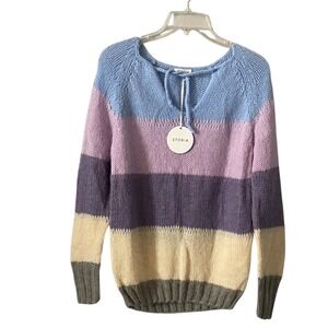 Storia Anthropologie Striped V Neck Tie Long Sleeve Cozy Knit Sweater Women Sz S